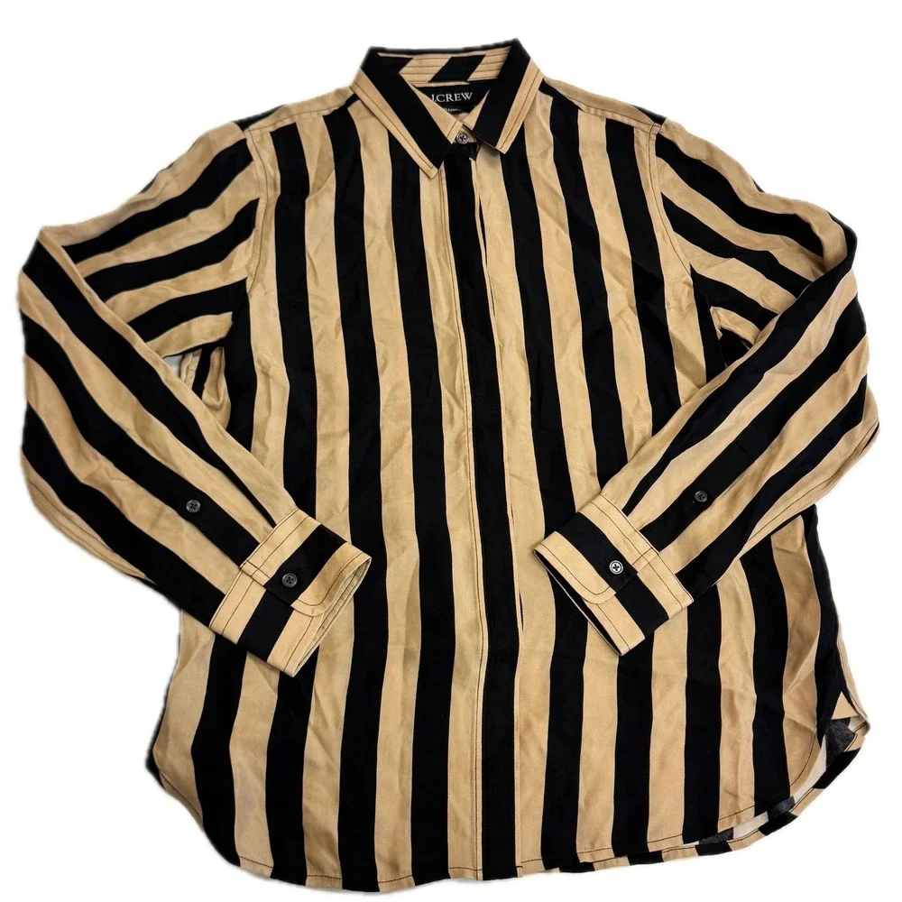 J Crew Shirt Womens Size 6 Tan Black Stripe Classic Fit Cupro Blend - Picture 2 of 9